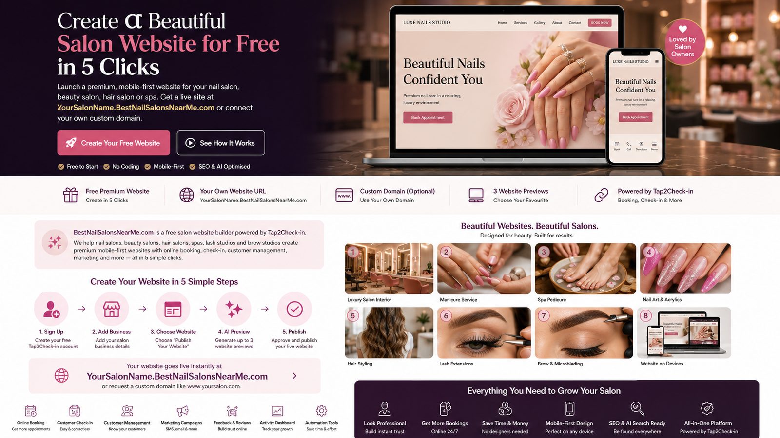 Premium salon website builder mockup on laptop and mobile phone